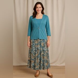 C&B Teal Cardigan & Floral Maxi Skirt Set Sz M/10